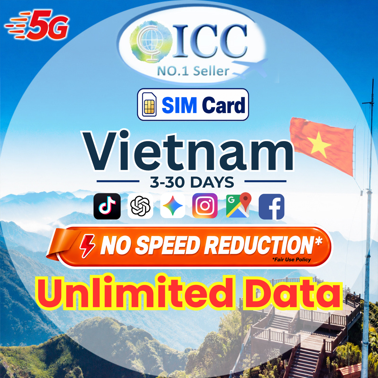 ICC SIM Card - Vietnam 3-30 Days Unlimited Data SIM Card | Good for city travel