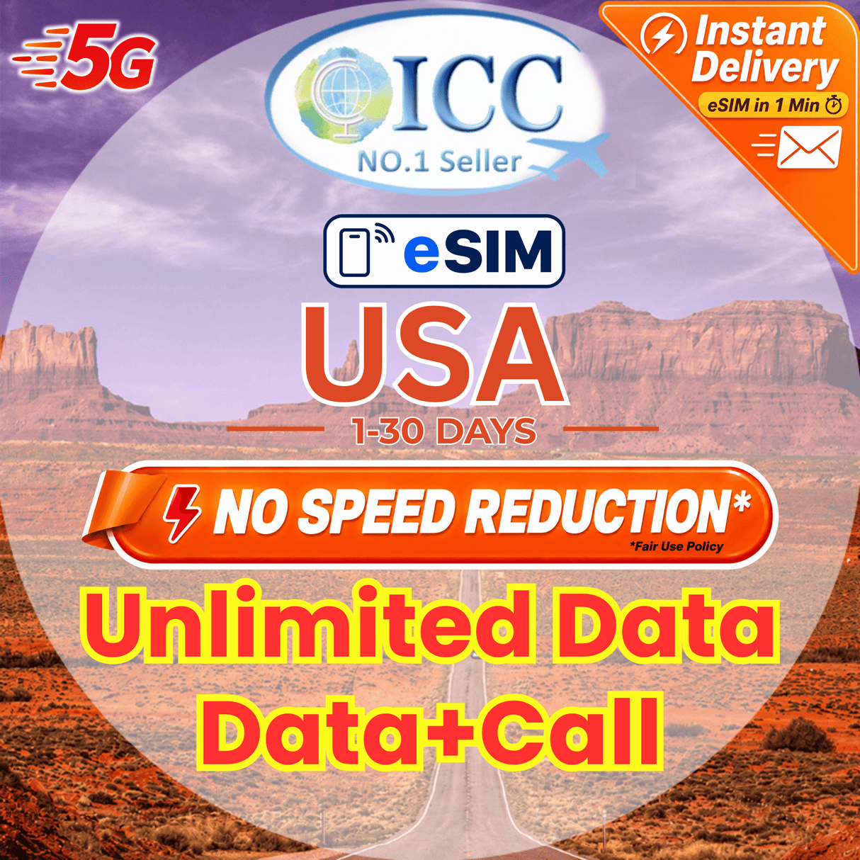 ICC eSIM - USA 1-30 Days Unlimited Data┃Verizon/AT&T network