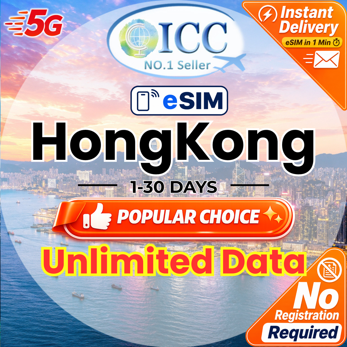ICC eSIM - HongKong (HK) 1-30 Days Unlimited Data| No registration Required