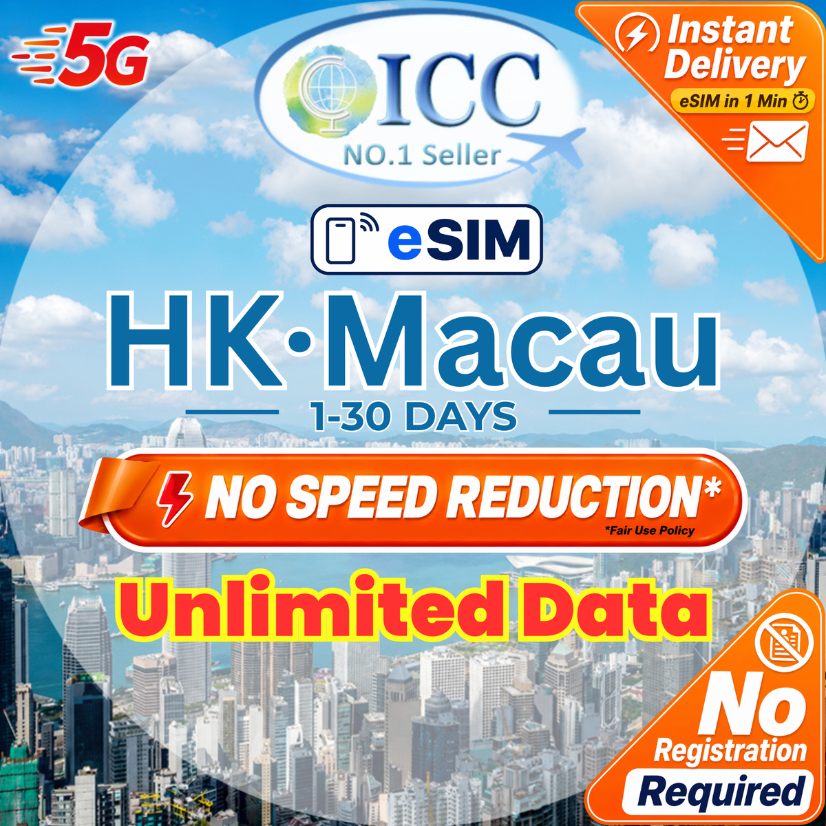 ICC eSIM - HK & Macau 1-30 Days Unlimited Data *No Registration Required*