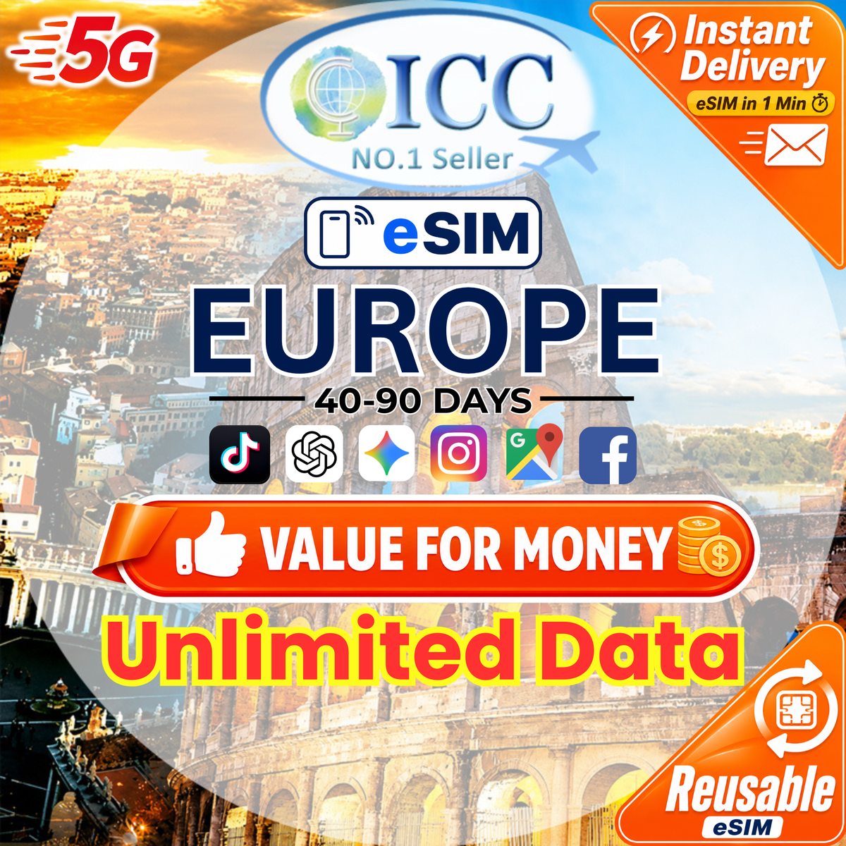 ICC eSIM - Europe (EU-D) 40-90 Days Unlimited Data - Include Turkey/Balkans*