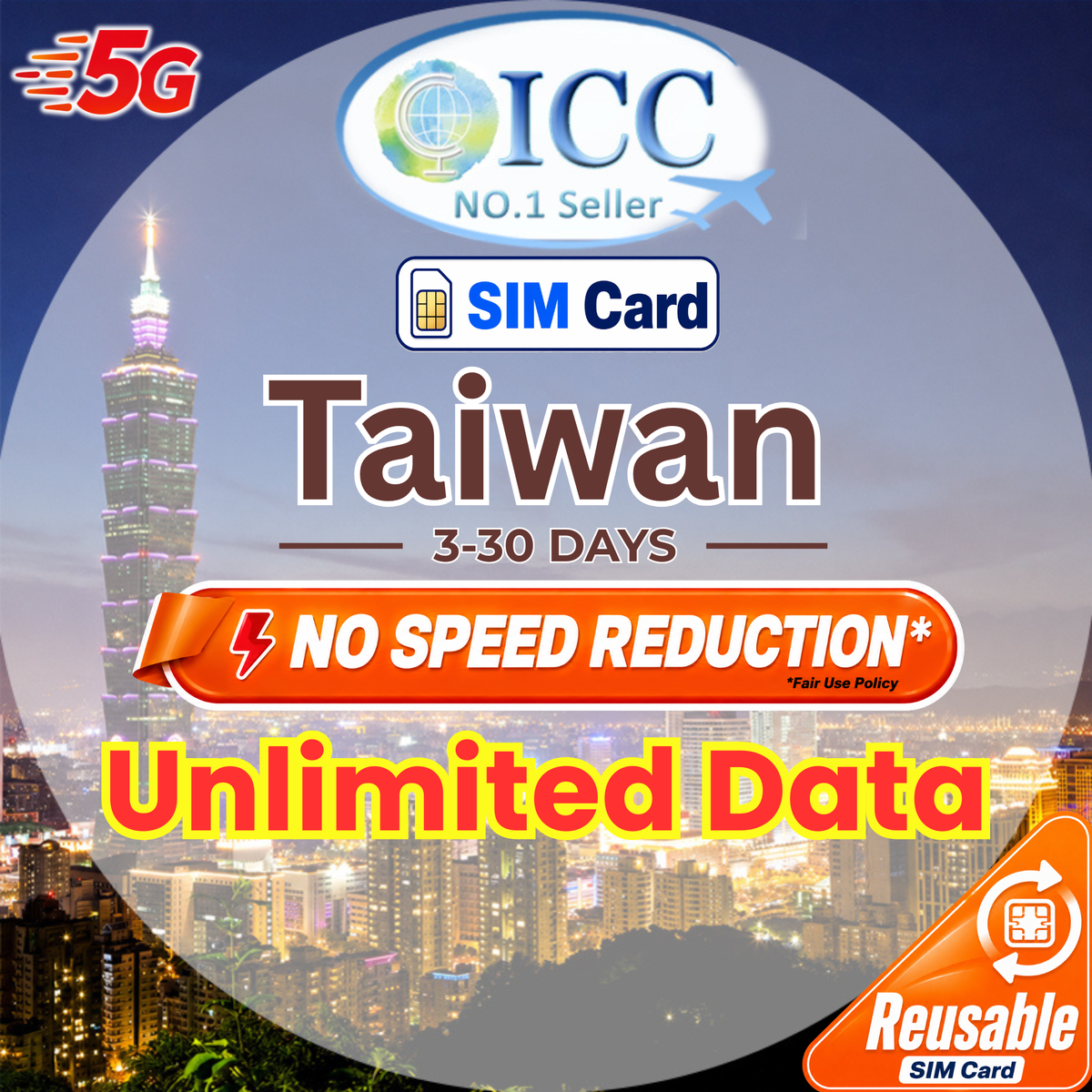 ICC SIM Card - Taiwan 3-30 Days Unlimited Data| Daily Data Plan| Unlimited 5G/4G Plan| Can top up reuse