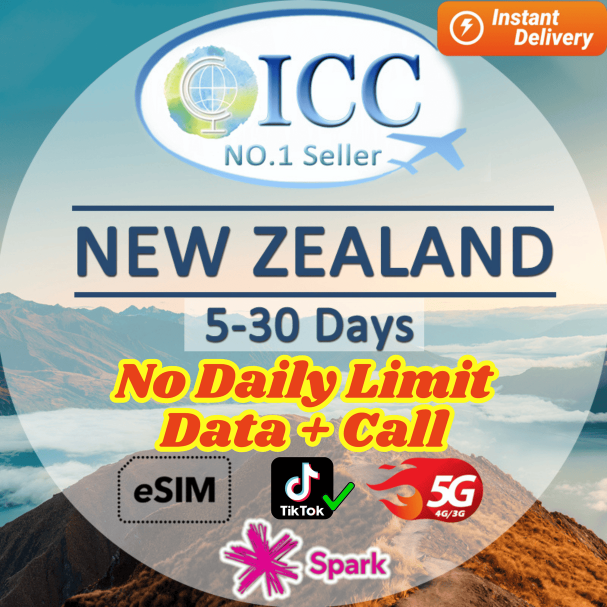 ICC eSIM - New Zealand 5-30 Days No daily limit| Unlimited Data| Data+Call| Support Tiktok