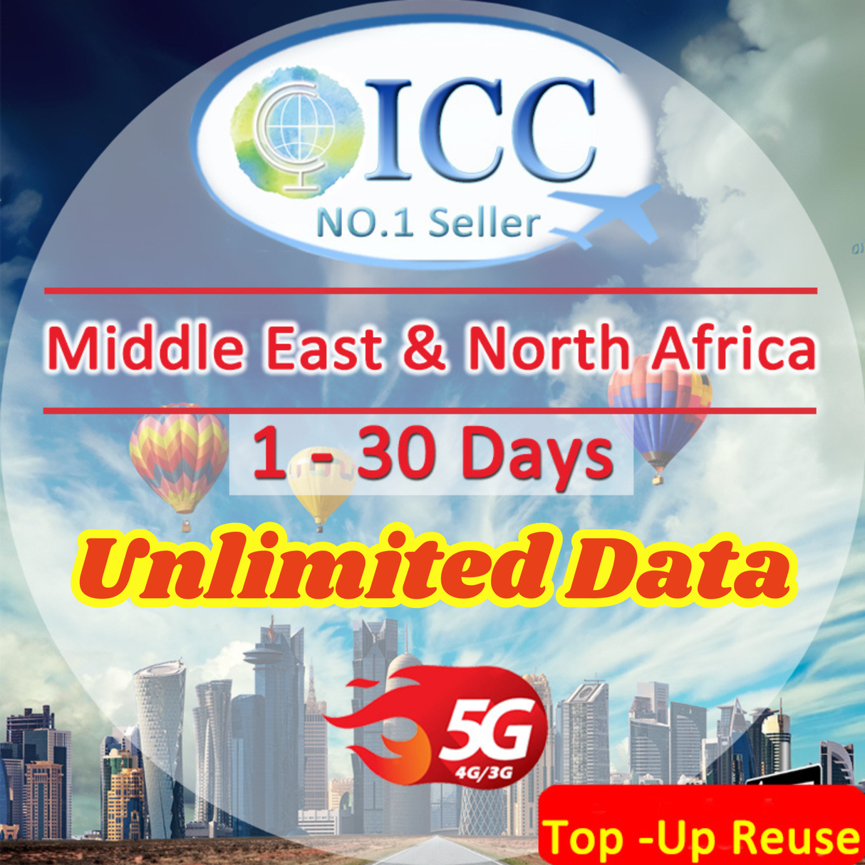 ICC SIM Card - Middle East and North Africa (MENA) 1-30 Days丨Unlimited Data丨Bahrain, Egypt, Israel, Jordan, Kuwait, Morocco, Qatar, Saudi Arabia, Tunisia, Turkey, UAE