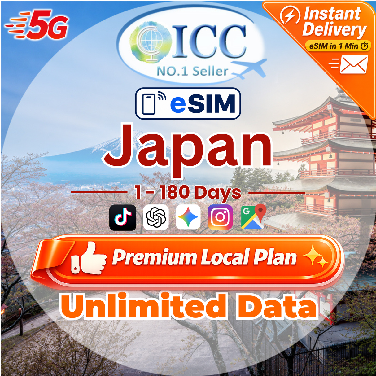 ICC eSIM - Japan 1-180 Days Unlimited Data| SoftBank Network| Can use Tiktok丨Japan Local Package