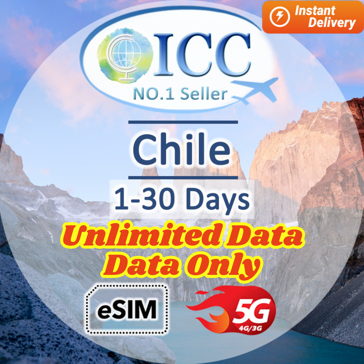 ICC eSIM - Chile 1-30 Days Data │Unlimited Data│Data+Free incoming SMS