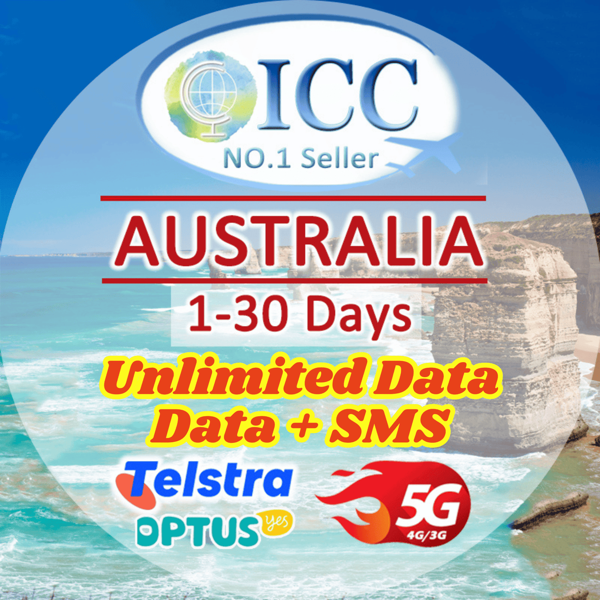 ICC SIM Card - Australia 1-30 Days Unlimited Data| Data+SMS*|Telstra/Optus/Vodafone Network| Data+SMS* Plan can use Tiktok