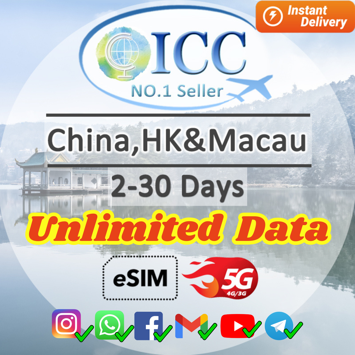 ICC eSIM - China Mainland, HK & Macau 2-30 Days Unlimited Data-China Unicom Network | Good for Xinjiang