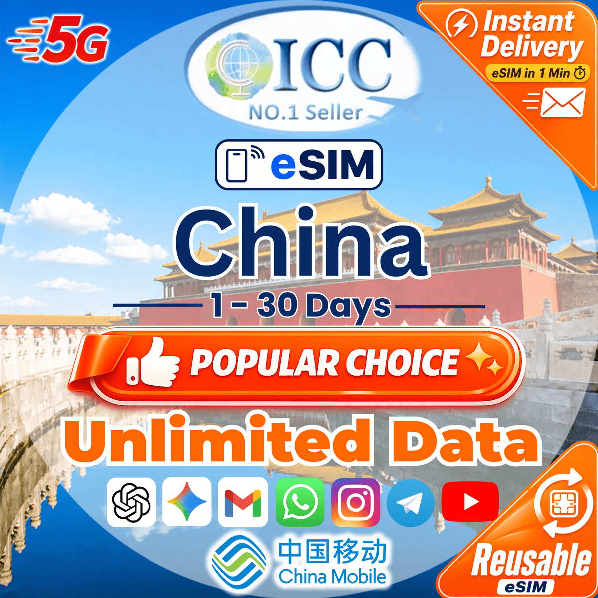 ICC eSIM - China Mainland 3-30 Days Unlimited Data - China Mobile Netowork│Can top up Reuse