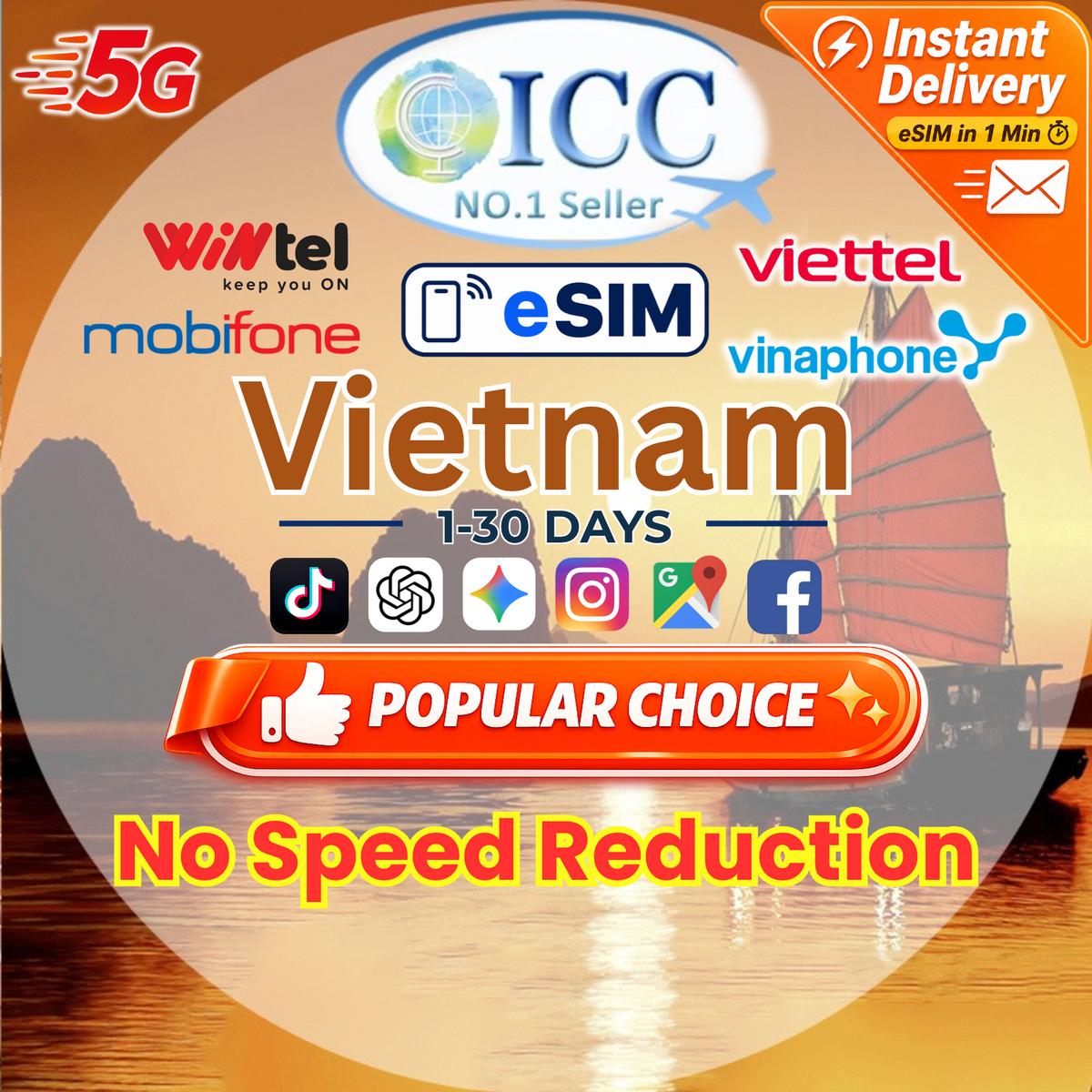 ICC eSIM - Vietnam 1-30 Days Data SIM| Data+Call* | Local Network| Local plan can use Tiktok