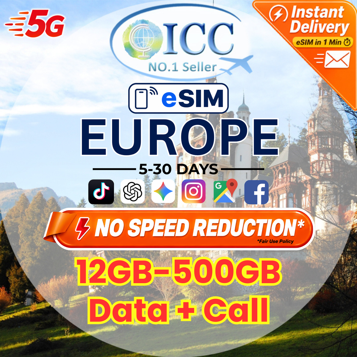 ICC eSIM - Europe EU-C 5-90 Days 12GB/20GB/50GB/100GB/200GB/500GB Data Only│Data + Call│Best coverage│Can use tiktok