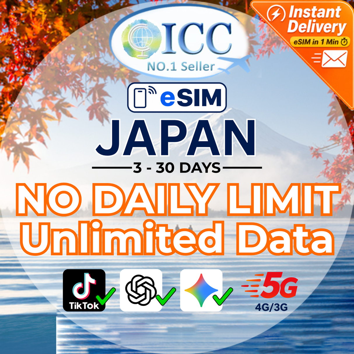 ICC eSIM - Japan 3-30 Days Unlimited Data (IIJ-Docomo Network)