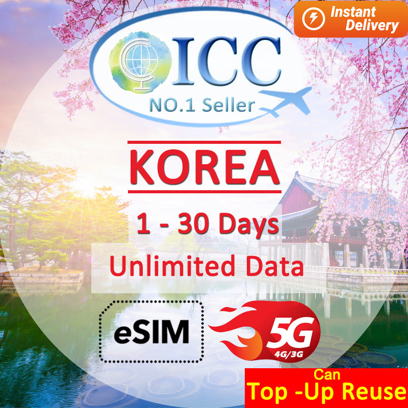 ICC eSIM - Korea 1-30 Days Unlimited Data-Can top up and reuse