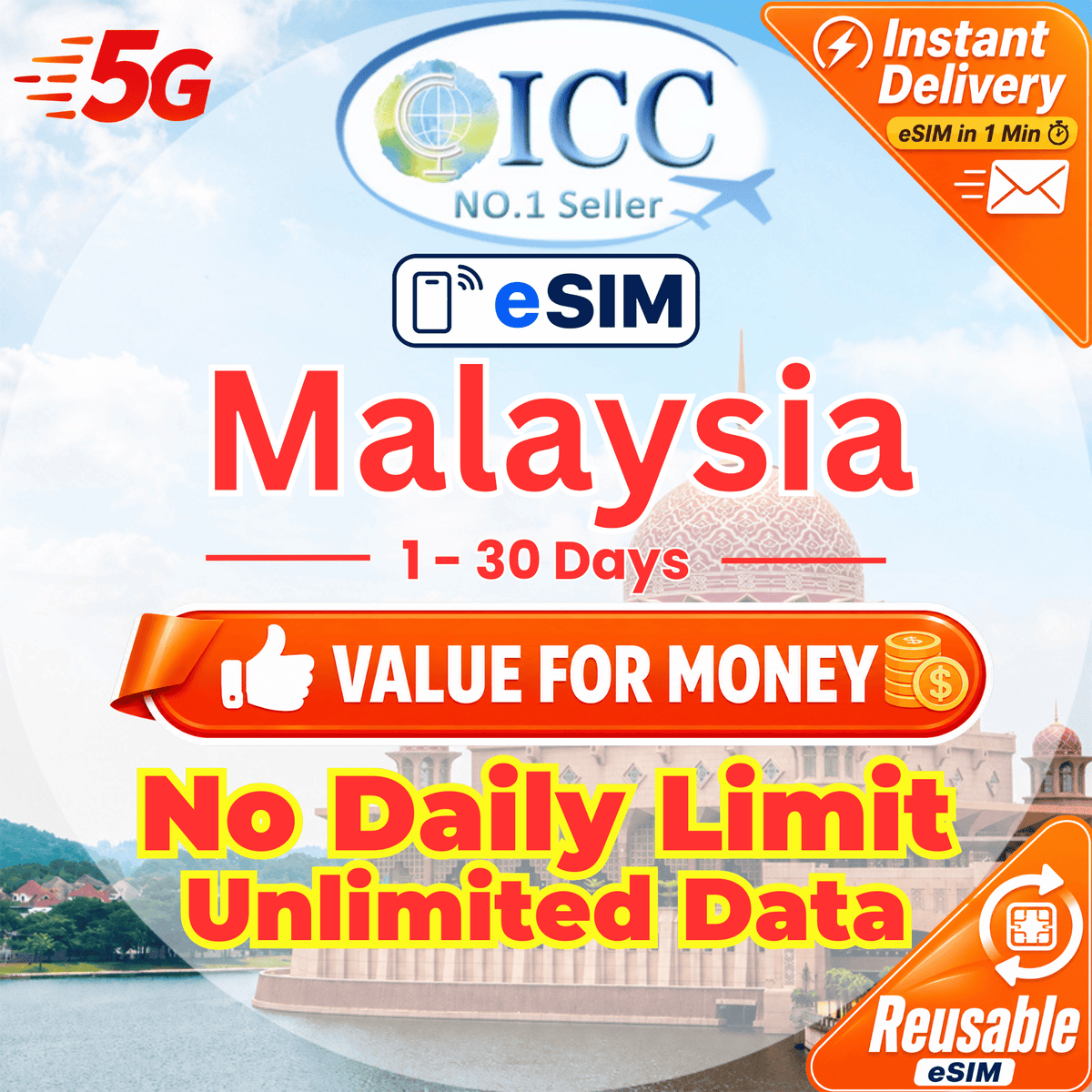 ICC eSIM - Malaysia 1-30 Days No Daily Limit | Unlimited Data| Data+SMS plan can use Tiktok | Calendar Days Package