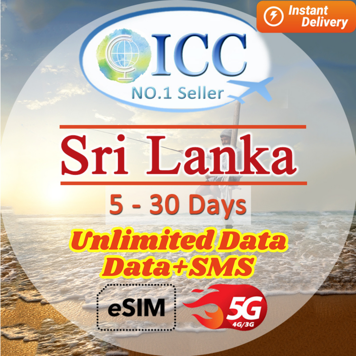 ICC eSIM - Sri Lanka 5-30 Days eSIM | Data with SMS*| Unlimited Data| Daily Plan Can top up reuse