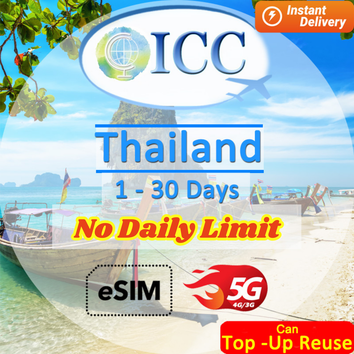 ICC eSIM - Thailand 1-30 Days Total High Speed + Unlimited Data (No Daily Limit) -Can top up reuse