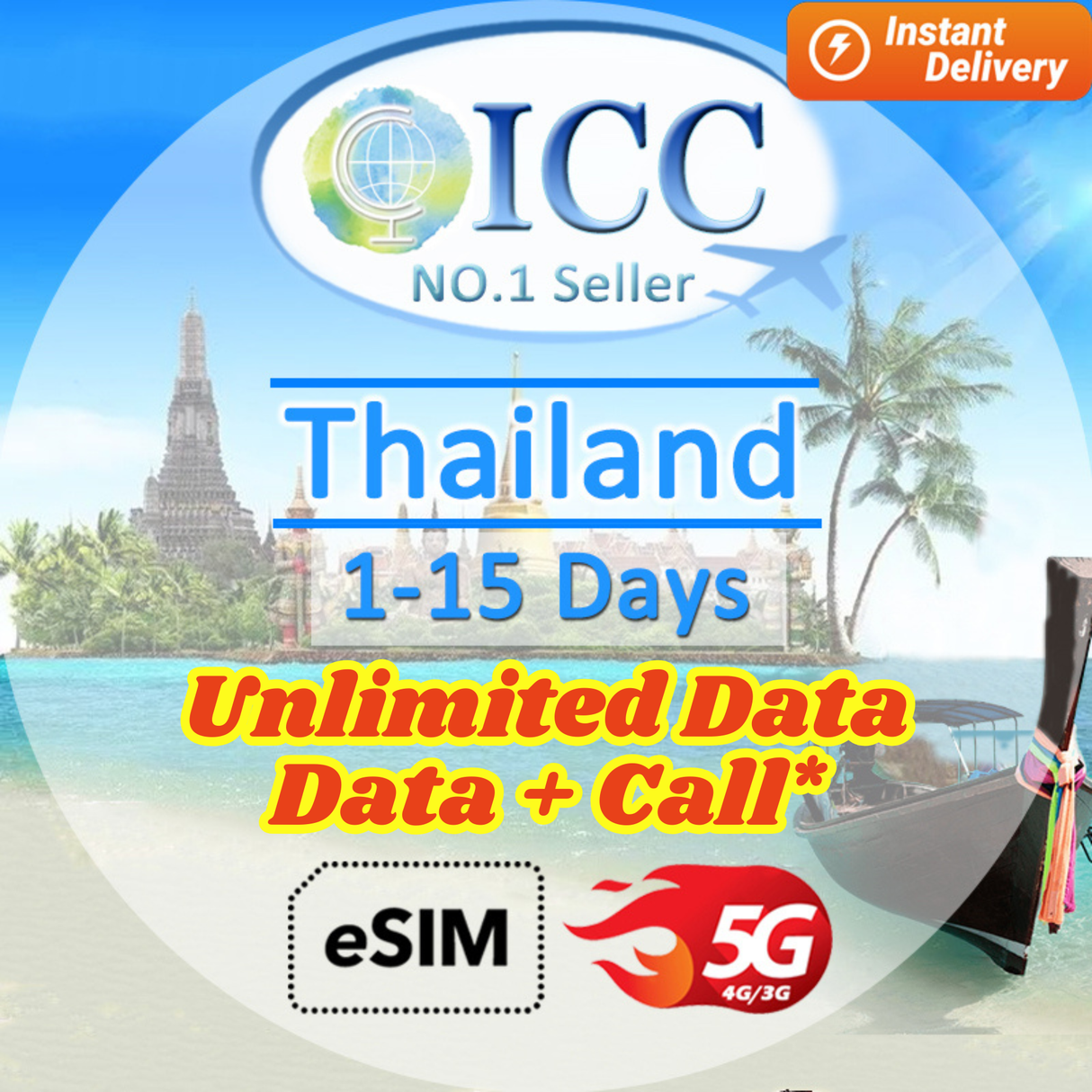 ICC eSIM - Thailand 1-15 Days Unlimited Data + Call* (Network: DTAC/Truemove)