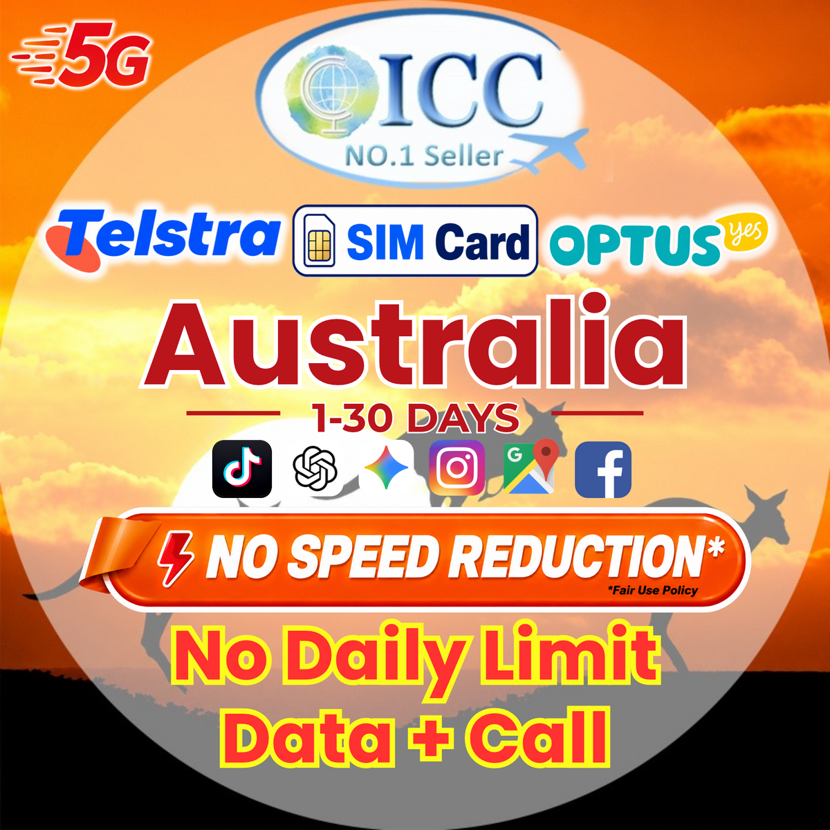 ICC SIM Card - Australia SIM Card 5G | Telstra/Optus Network | 1-30 Days | Data+Call