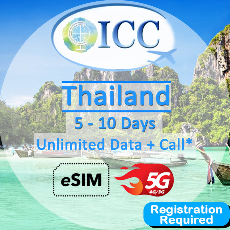 ICC eSIM - Thailand 5-10 Days Unlimited Data + Call* (Network: AIS) Thailand Local eSIM plan *Registration Required*