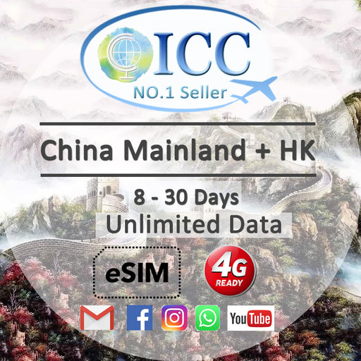 ICC eSIM - China Mainland, HK 3-30 Days Unlimited Data - China Mobile Netowork (24/7 auto deliver eSIM )/Can top up Reuse