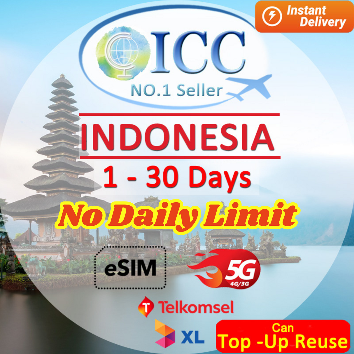 ICC eSIM- Indonesia 1-30 Days No Daily Limit | Data+SMS*| Unlimited Data| Indosat/XL/Telkomsel| Can top up and reuse| Calendar Days Package