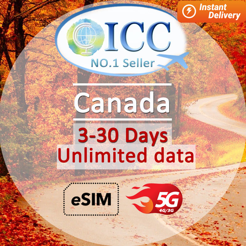 ICC eSIM - Canada 3-30 Days Data | Data+SMS*| Unlimited Data | Data only plan Can top up reuse