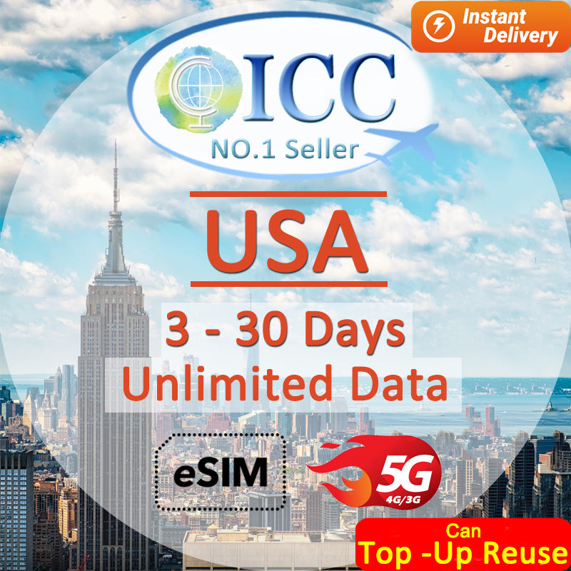 ICC eSIM - USA 3-30 Days Total High Speed Data+Unlimited Data (24/7 auto deliver eSIM ) -No Daily Limit/Can Top up reuse