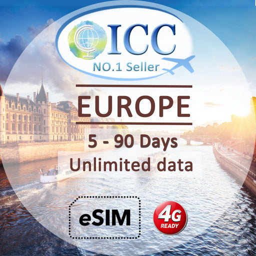 ICC eSIM - Europe EU-D 5-90 Days Unlimited Data - Include Russia & Balkans (24/7 auto deliver eSIM )