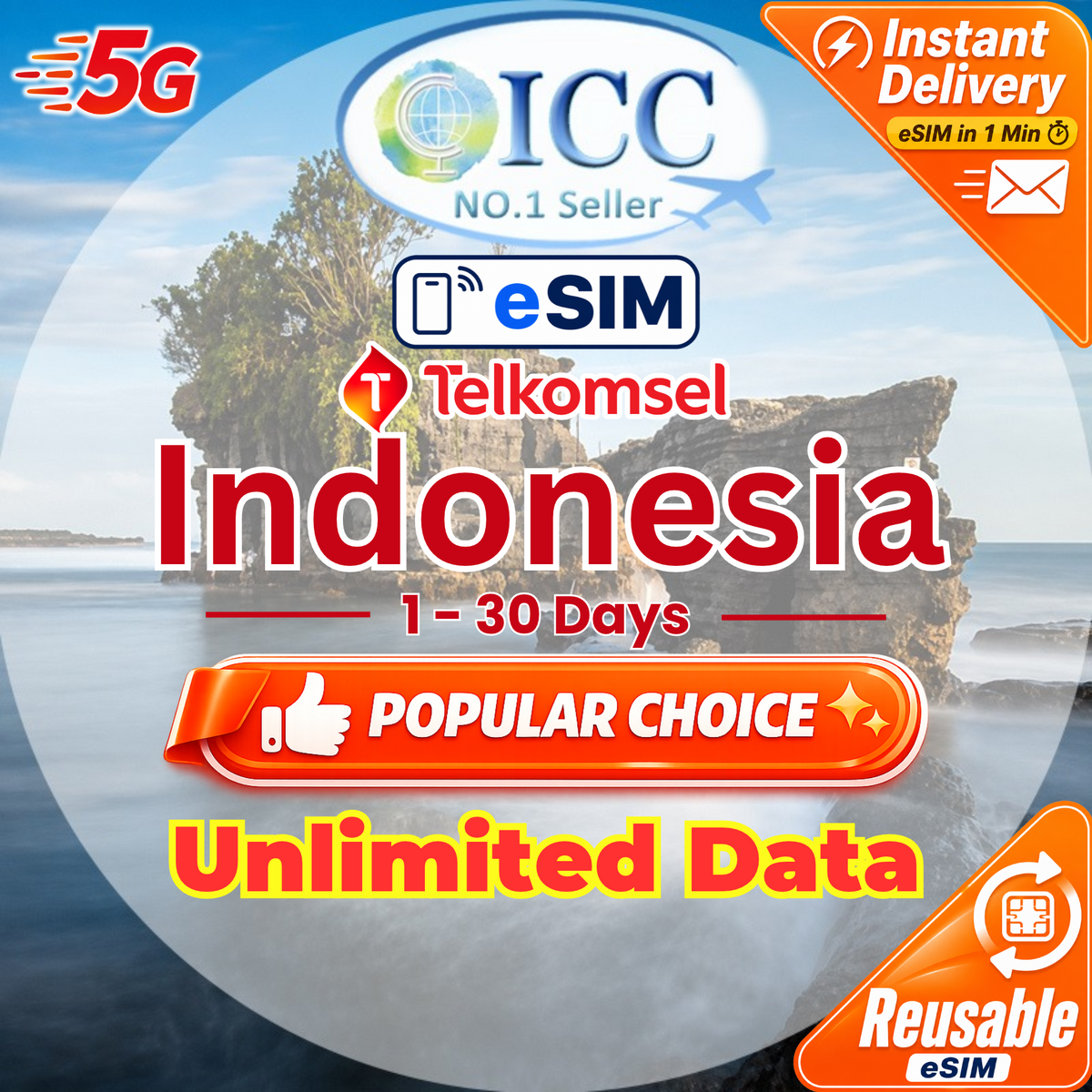 ICC eSIM - Indonesia 1-30 Days Unlimited Data (Indosat/XL/Telkomsel) [Can top up and reuse] (24/7 auto deliver eSIM )