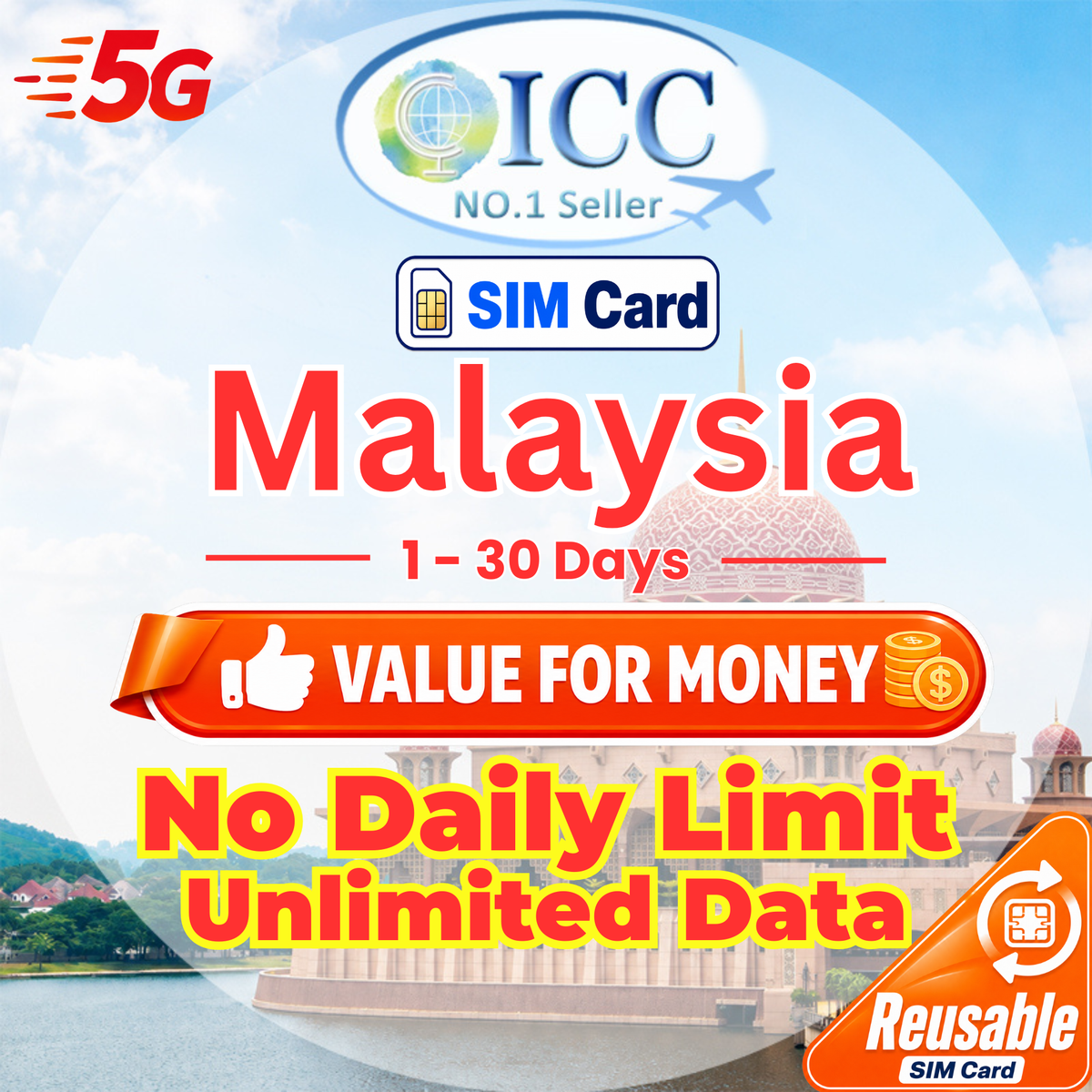 ICC SIM Card - Malaysia 1-30 Days Total High Speed + Unlimited Data (No daily limit)- Can Top Up Reuse