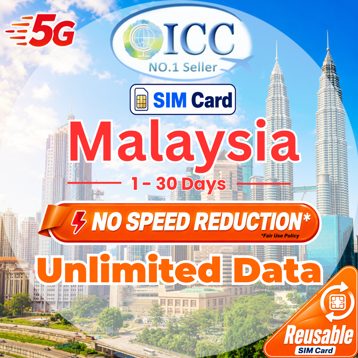 ICC SIM Card - Malaysia 1-30 Days Unlimited Data（Can Top Up Resue）