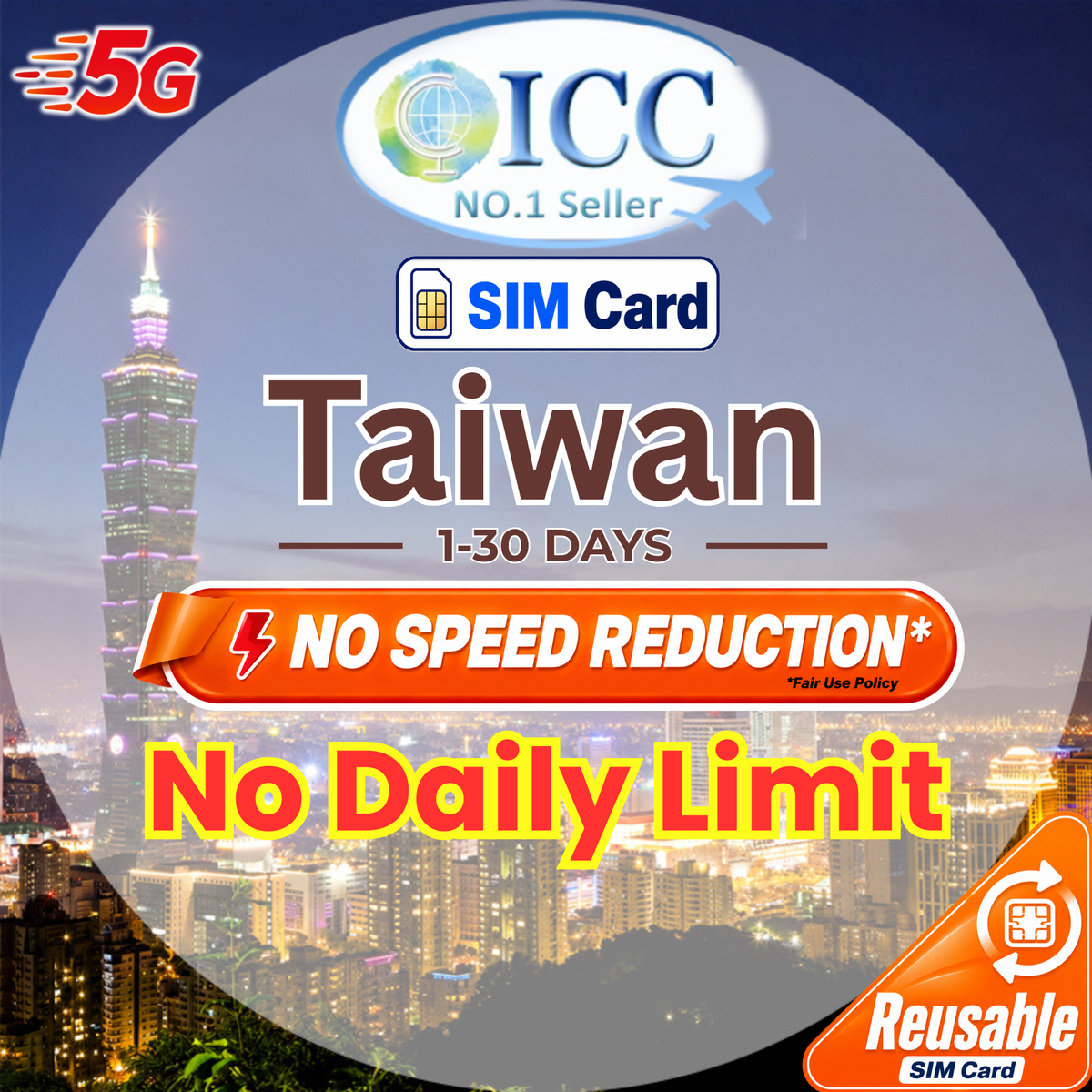 ICC SIM Card - Taiwan 1-30 Days Unlimited Data |No Daily Limit|Can top up and reuse