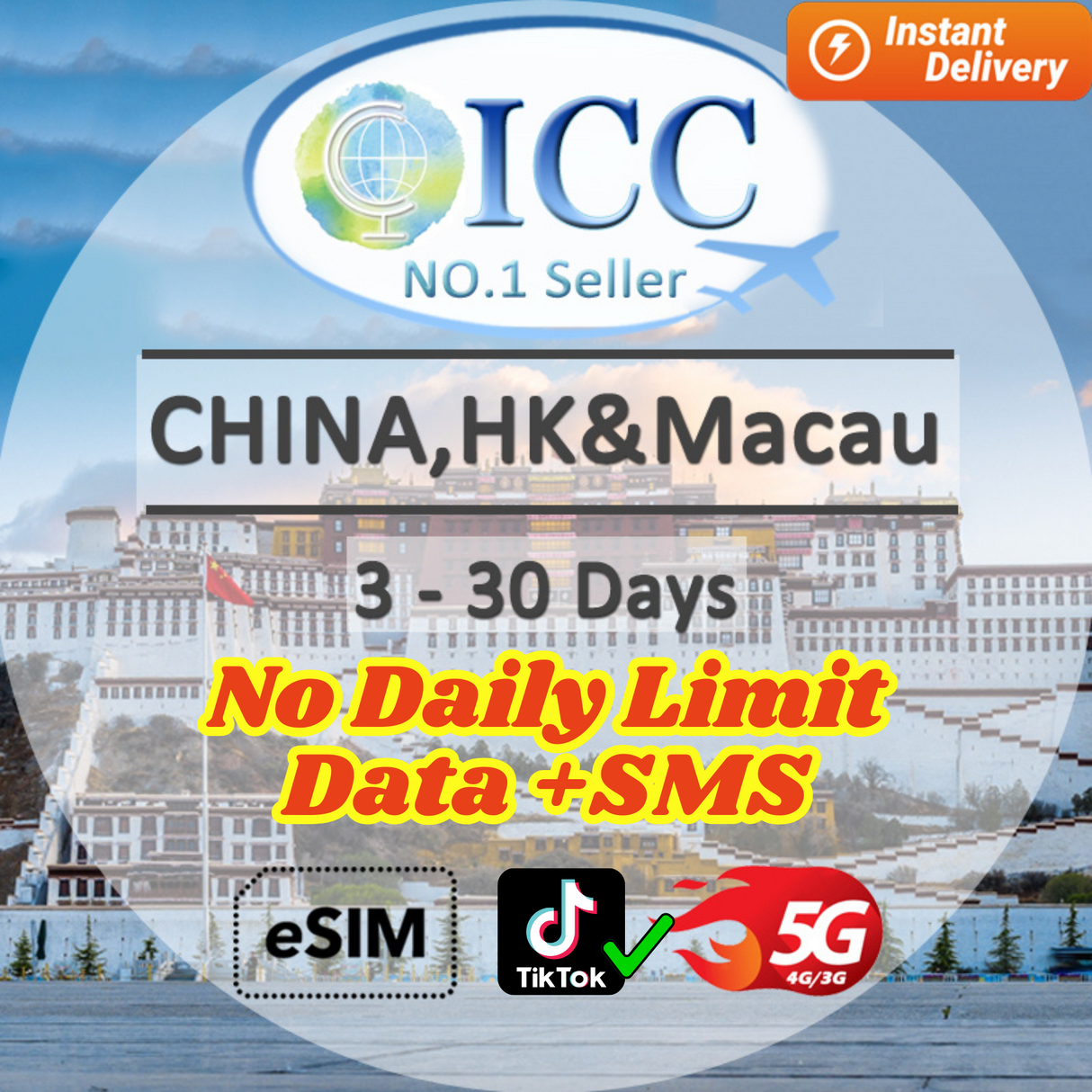 ICC eSIM - China/China Mainland & HK/China, HK & Macau 1-30 Days Data+SMS -China Unicom & China Mobile Network (Support Tiktok /DI DI/Chatgpt)