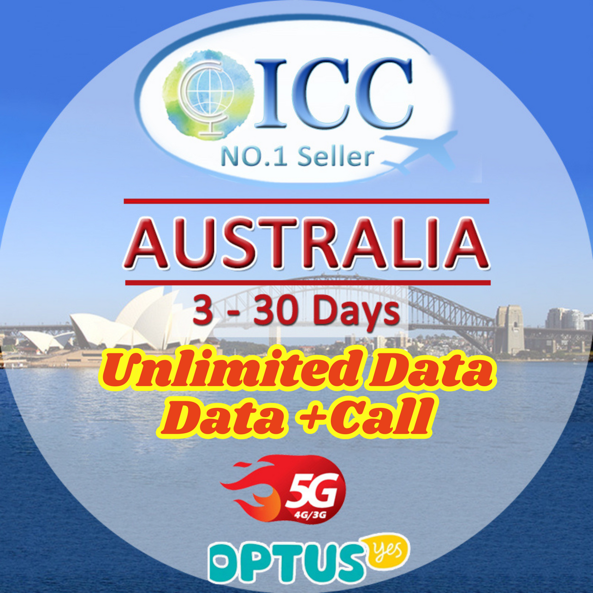 ICC SIM Card - Australia 1-30 Days Unlimited Data │Data+ Call│Optus/Telstra Network
