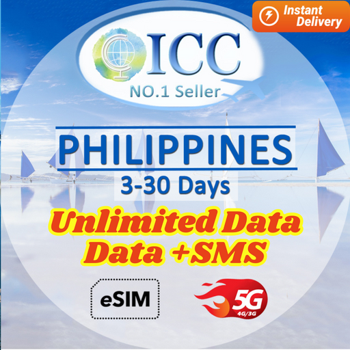 ICC eSIM - Philippines 3-30 Days Unlimited Data (24/7 auto deliver eSIM ) Data only plan can top up reuse|Data+SMS plan can use Tiktok