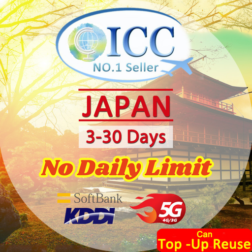 ICC SIM Card - Japan 3-30 Days High Speed Data No Daily Limit Unlimited Data|Softbank/KDDI Network|Can Top Up Reuse
