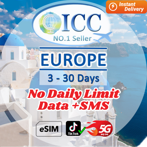 ICC eSIM - UK, Europe & Turkey& Dubai (EU-F) 1-30 Days Data with SMS