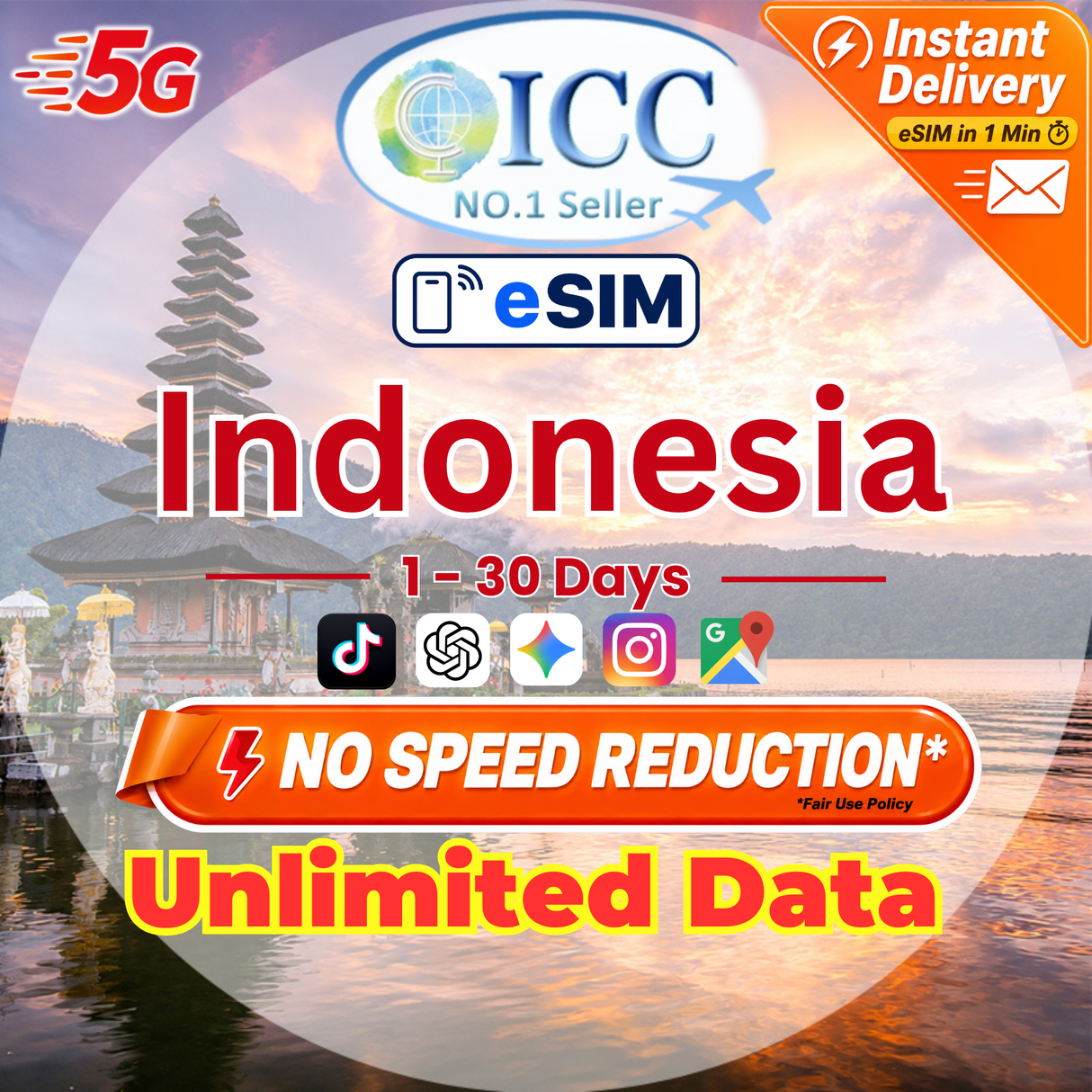 ICC eSIM - Indonesia 1-30 Days Unlimited Data (XL axiata/Telkomsel)