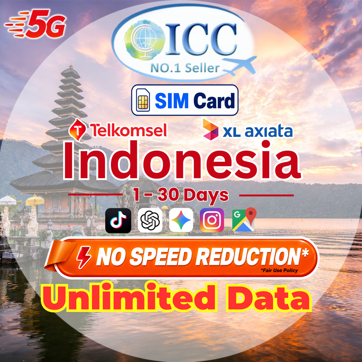 ICC SIM Card - Indonesia 1-30 Days Unlimited Data (Telkomsel/XL Network)