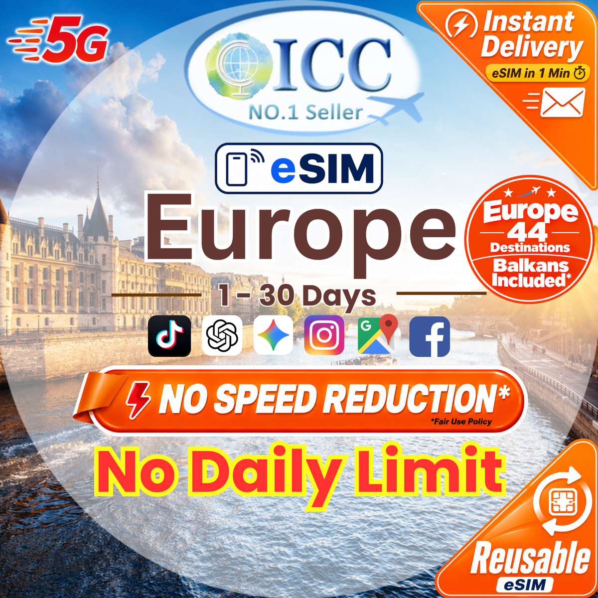 ICC eSIM - Europe EU-D 1-30 Days Total Data SIM - Include Turkey/Balkans*