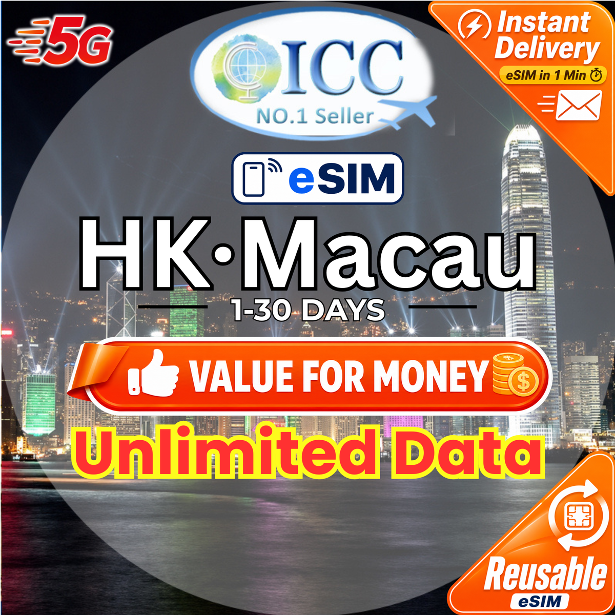 ICC eSIM - HK & Macau 1-30 Days Unlimited Data (Can top up reuse)