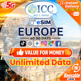 ICC eSIM - Europe (EU-D) 40-90 Days Unlimited Data - Include Turkey/Balkans*