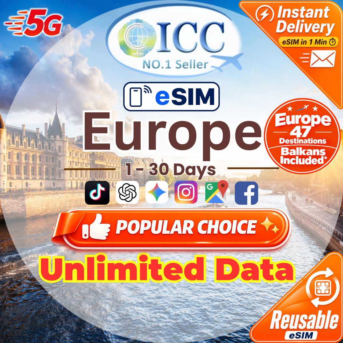 ICC eSIM - Europe (EU-D+) 1-30 Days Unlimited Data - Include Turkey/Balkans*