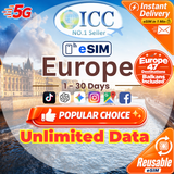 ICC eSIM - Europe (EU-D+) 1-30 Days Unlimited Data - Include Turkey/Balkans*