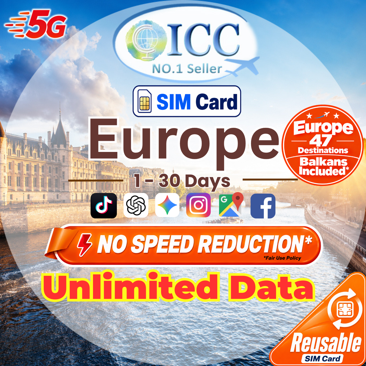 ICC SIM Card - Europe (EU-D+) 1-30 Days Unlimited Data (Daily Data Plan)- Include Turkey/Balkans*