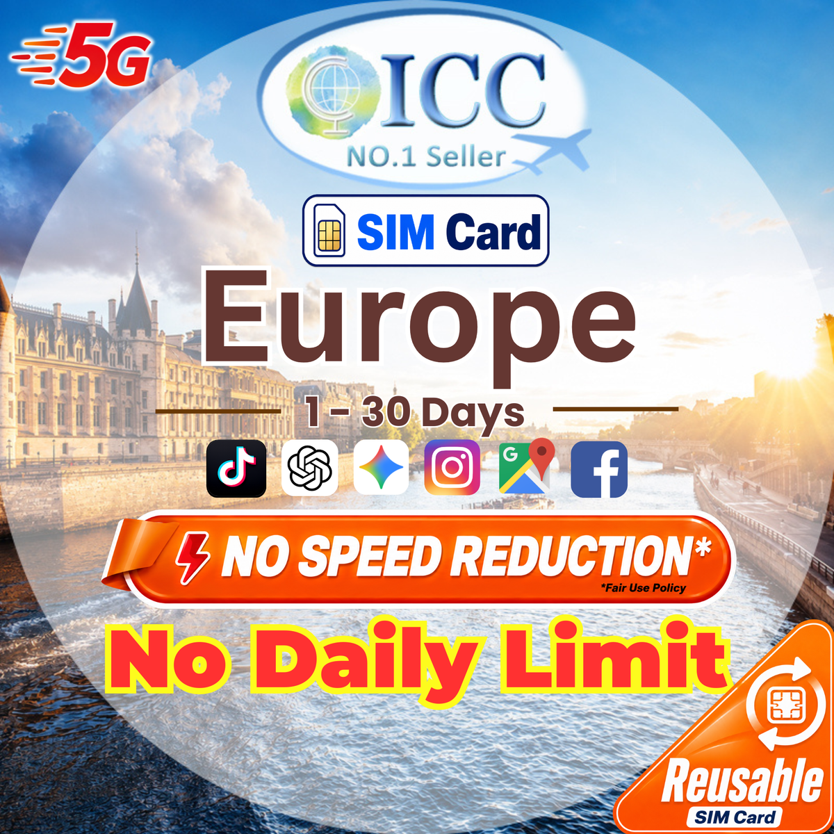 ICC SIM Card - Europe (EU-D+) 1-30 Days No Daily Limit - Include Balkans