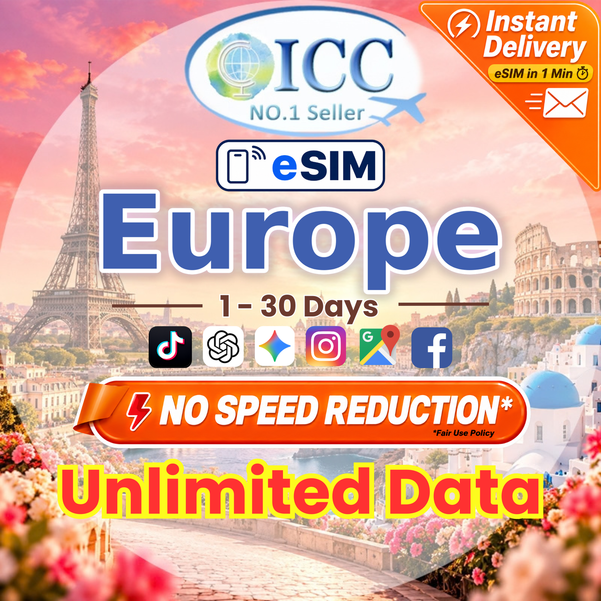 ICC eSIM - Europe, UK & Turkey 1-30 Days Data eSIM (EU-B)┃Good Coverage in Europe