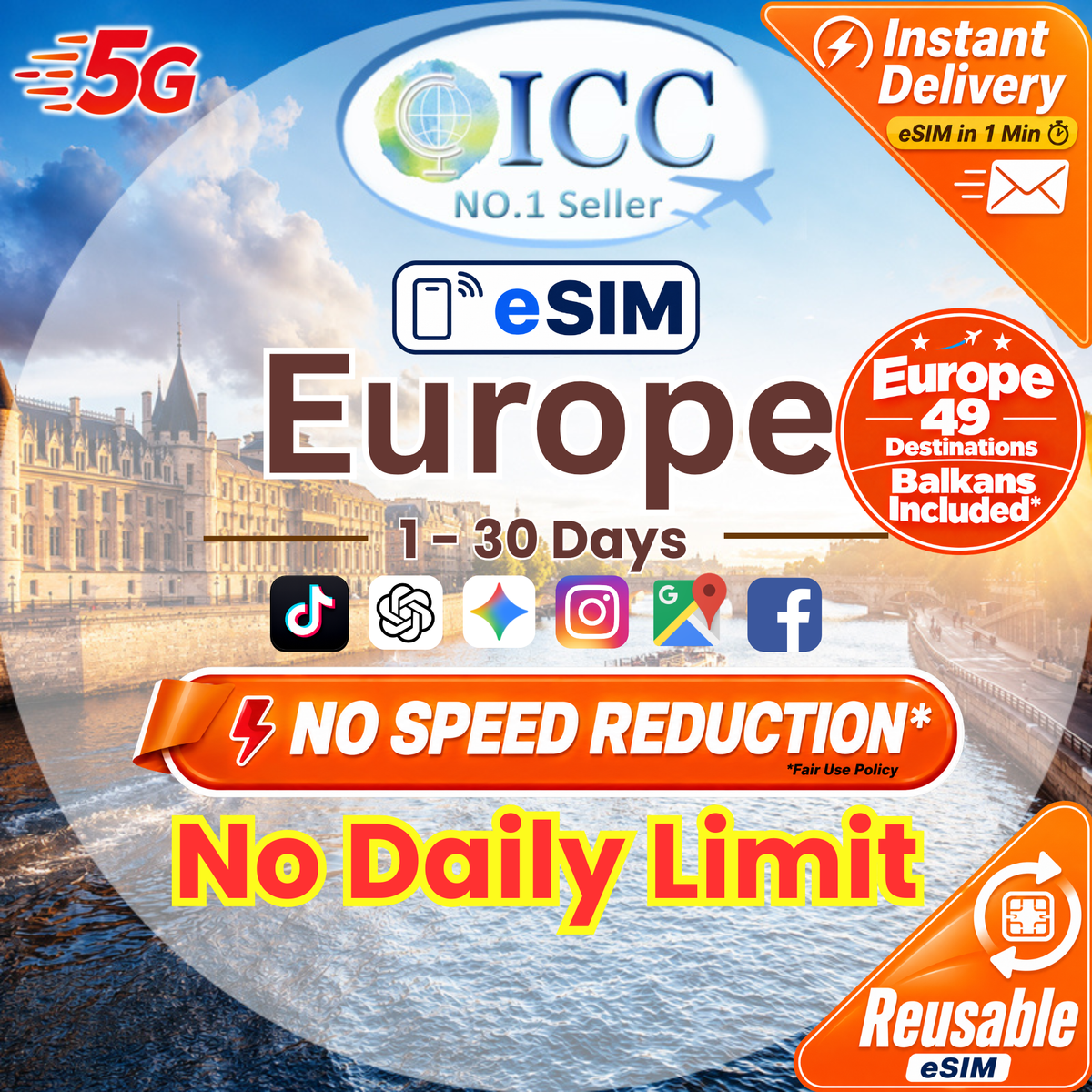 ICC eSIM - Europe (EU-D+) 1-30 Days Total Data SIM - Include Turkey/Balkans*