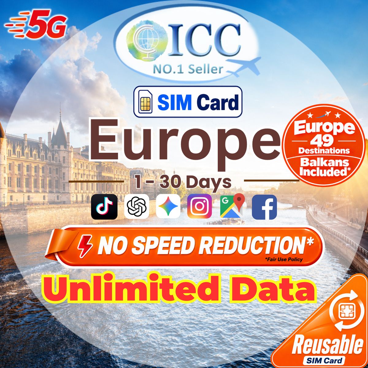 ICC SIM Card - Europe (EU-D+) 1-30 Days Unlimited Data (Daily Data Plan)- Include Turkey/Balkans*