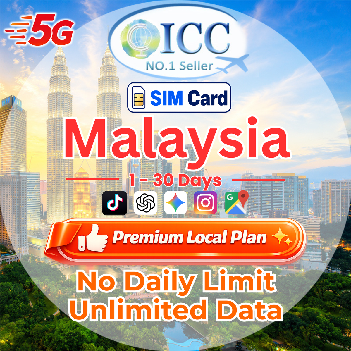 ICC SIM Card - Malaysia 1-30 Days Total High Speed + Unlimited Data (No daily limit)- Can use Tiktok